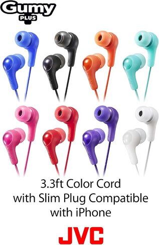 ORANGE GUMY In ear earbuds with stay fit ear tips. Wired 3.3ft colored cord cable with headphone jack. Small, medium, and large ear tip earpieces included. JVC GUMY HAFX7D in Kuwait