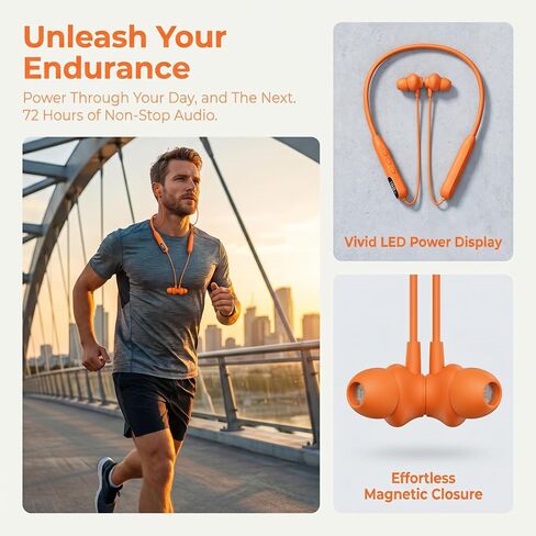 Orange Neckband Headphones Bluetooth 5.4 Wireless Earbuds with 48-Hour Battery, LED Power Display, Magnetic Earbuds, IPX4 Sweat Resistant, Dual Device Pairing, Built-in Mic for Work, Sports, Travel in Kuwait