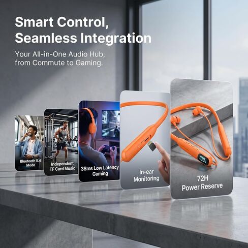 Orange Neckband Headphones Bluetooth 5.4 Wireless Earbuds with 48-Hour Battery, LED Power Display, Magnetic Earbuds, IPX4 Sweat Resistant, Dual Device Pairing, Built-in Mic for Work, Sports, Travel in Kuwait