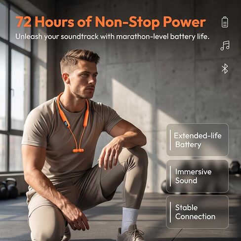 Orange Neckband Headphones Bluetooth 5.4 Wireless Earbuds with 48-Hour Battery, LED Power Display, Magnetic Earbuds, IPX4 Sweat Resistant, Dual Device Pairing, Built-in Mic for Work, Sports, Travel in Kuwait