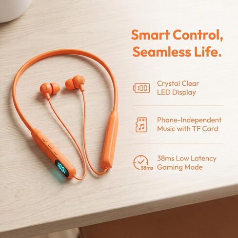 Orange Neckband Headphones Bluetooth 5.4 Wireless Earbuds with 48-Hour Battery, LED Power Display, Magnetic Earbuds, IPX4 Sweat Resistant, Dual Device Pairing, Built-in Mic for Work, Sports, Travel in Kuwait