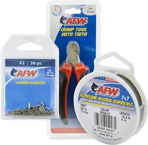 Surflon Micro Supreme, Nylon Coated 7x7 Stainless Steel Leader Wire, 26 lb Test, .018" Diameter, Bright, 5 m and Single Barrel Crimp Sleeves, Size #2/.047", Nickel, 36 pc and CrimperTool with Teeth in Kuwait