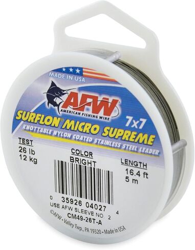 Surflon Micro Supreme, Nylon Coated 7x7 Stainless Steel Leader Wire, 26 lb Test, .018" Diameter, Bright, 5 m and Single Barrel Crimp Sleeves, Size #2/.047", Nickel, 36 pc and CrimperTool with Teeth in Kuwait