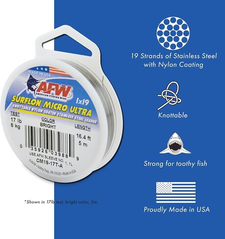 Surflon Micro Supreme, Nylon Coated 7x7 Stainless Steel Leader Wire, 26 lb Test, .018" Diameter, Bright, 5 m and Single Barrel Crimp Sleeves, Size #2/.047", Nickel, 36 pc and CrimperTool with Teeth in Kuwait