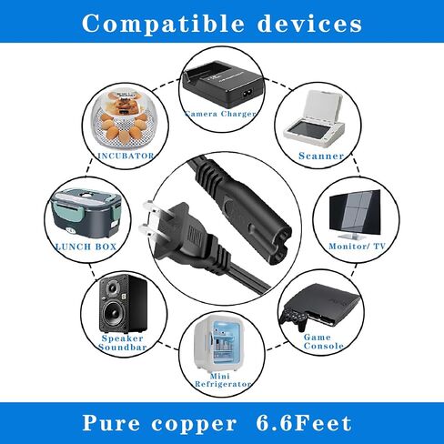 AC Power Cord Cable for Electric Lunch Box, Crockpot, Mini Fridge Charger - Universal 110V 120V 2 Prong Appliance Charging Wire in Kuwait