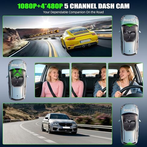 5 Channel 360° Dash Cam Front and Rear Inside Left Right, 3.16'' 1080P Dash Camera for Cars, Dash Camera for Cars with G-Sensor,Super Night Vision,Wide Angle,Loop Recording,24 Hours Recording in Kuwait