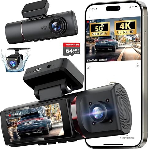 3 Channel 4K Dash Cam Front and Rear Inside, Built-in 5G WiFi,4K+1080P+1080P Dash Camera with 64GB Card,3.16" IPS Screen,Loop Recording, G-Sensor, 24H Parking Monitor, Night Vision(Rose Gold) in Kuwait