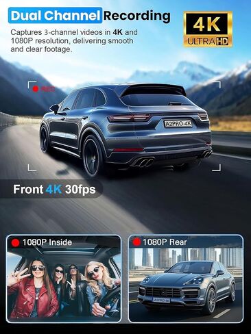 3 Channel 4K Dash Cam Front and Rear Inside, Built-in 5G WiFi,4K+1080P+1080P Dash Camera with 64GB Card,3.16" IPS Screen,Loop Recording, G-Sensor, 24H Parking Monitor, Night Vision(Rose Gold) in Kuwait
