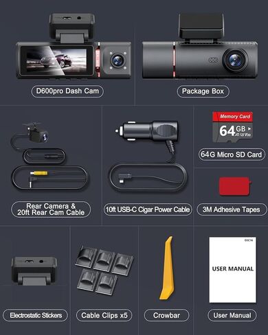 3 Channel 4K Dash Cam Front and Rear Inside, Built-in 5G WiFi,4K+1080P+1080P Dash Camera with 64GB Card,3.16" IPS Screen,Loop Recording, G-Sensor, 24H Parking Monitor, Night Vision(Rose Gold) in Kuwait