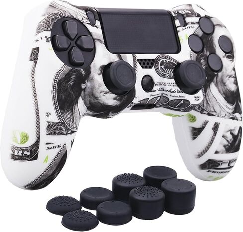 YoRHa Water Transfer Printing Camouflage Silicone Cover Skin Case for Sony PS4/slim/Pro dualshock 4 Controller x 1(Skull Graffiti) with Pro Thumb Grips x 8 in Kuwait