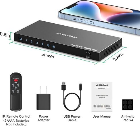 AVIDGRAM HDMI 2.1 Switch 4 in 1 Out, 4K120Hz, 8K60Hz, IR Remote in Kuwait