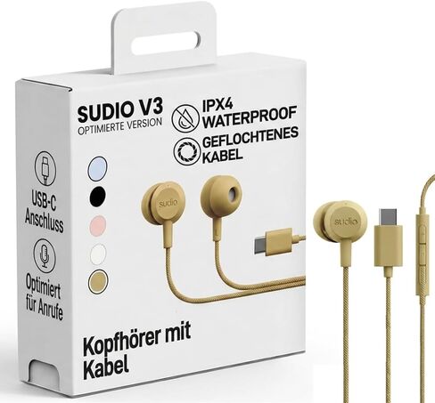 Sudio V3 Essential Wired Earbuds | in Ear Headphones with Cable and USB-C Connector | Tangle-Resistant Braided Cable | Built-in Microphone | IPX4 Water Resistant | No Charging Needed | (Pink) in Kuwait