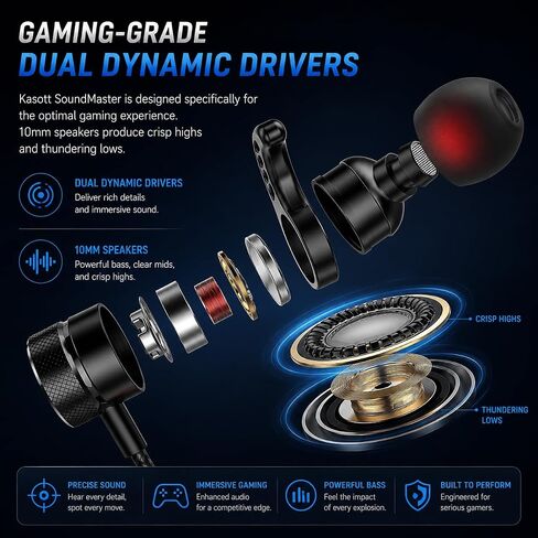 KASOTT SoundMaster Pro V1 - Gaming Earphones with Dual Audio Drivers,Battle Buds,in-Line Mic with Mute and Volume Control, Compatible with Xbox Series,Xbox One,PS5,PS4,Switch,Pc with 3.5mm Aux in Kuwait