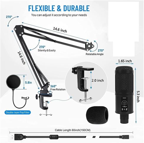USB Streaming Podcast PC Microphone,192KHZ/24Bit Studio Cardioid Plug&Play Condenser Mic Kit for Youtuber Gaming,Etc in Kuwait