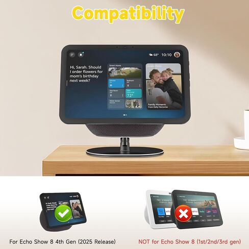 Adjustable Stand for Echo Show 8 4th Gen 2025 Release, 360° Horizontal Swivel, Tiltable Aluminum Smart Display Table Holder with Anti-Slip Base, No Assembly Required (Black) in Kuwait