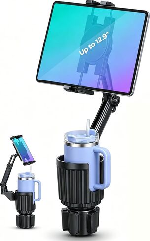 2-in-1 Cup Holder Tablet Mount Expander, 15" Adjustable Arm & 360° Rotation Heavy Duty Car Tablet Holder for iPad iPhone Smartphones, Universal Fit for Most Bottles in Car SUV Truck in Kuwait
