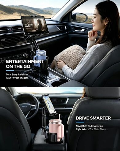 2-in-1 Cup Holder Tablet Mount Expander, 15" Adjustable Arm & 360° Rotation Heavy Duty Car Tablet Holder for iPad iPhone Smartphones, Universal Fit for Most Bottles in Car SUV Truck in Kuwait
