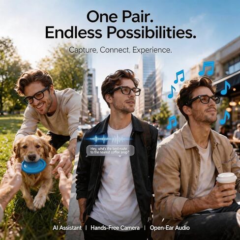 Smart Glasses with Camera, 4K HD Video, 1080P Video Recording & Photo Capture, Open-Ear Bluetooth Audio, AI Translation & Voice Assistant, Dual Lens Wearable Sunglasses for Travel Sports in Kuwait