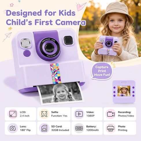 Kids Instant Print Camera 32GB Storage Digital Camera with Printing Paper 1080P Video Recording 180 Degree Flip Lens for Selfie Group Photo-Taking Rechargeable 1200mAh Battery Portable Lanyard in Kuwait