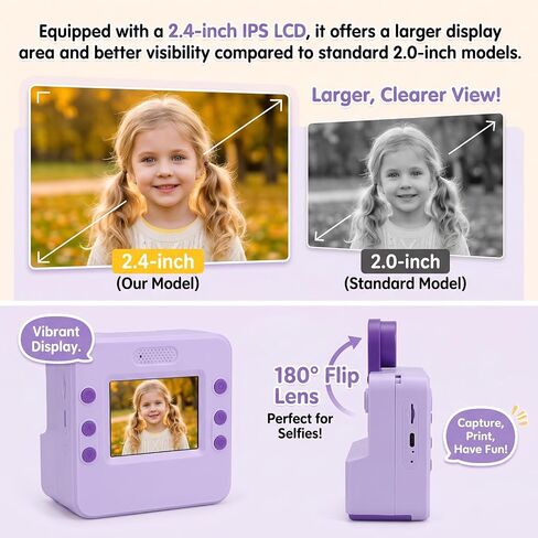 Kids Instant Print Camera 32GB Storage Digital Camera with Printing Paper 1080P Video Recording 180 Degree Flip Lens for Selfie Group Photo-Taking Rechargeable 1200mAh Battery Portable Lanyard in Kuwait