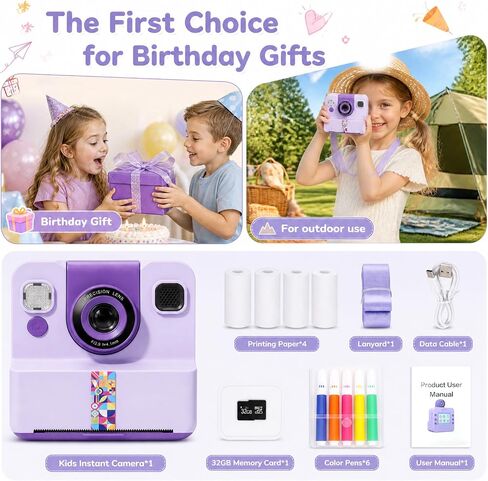 Kids Instant Print Camera 32GB Storage Digital Camera with Printing Paper 1080P Video Recording 180 Degree Flip Lens for Selfie Group Photo-Taking Rechargeable 1200mAh Battery Portable Lanyard in Kuwait