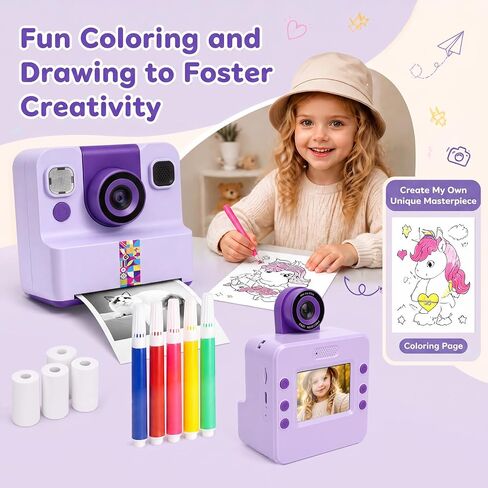 Kids Instant Print Camera 32GB Storage Digital Camera with Printing Paper 1080P Video Recording 180 Degree Flip Lens for Selfie Group Photo-Taking Rechargeable 1200mAh Battery Portable Lanyard in Kuwait