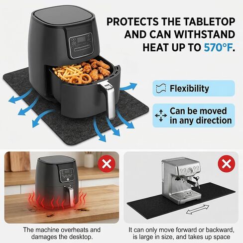 2 Pcs Heat Resistant Mat for Air Fryer, 12" x 17" Felt & Silicone Appliance Mat, Black Rectangular Heat Resistant Mats with Sliding Function for Air Fryer, Coffee Maker, Toaster, Oven in Kuwait