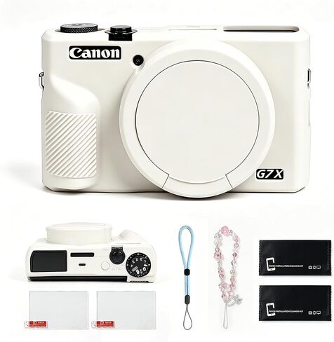 Silicone Case for Canon PowerShot G7X Mark III, Anti-Slip Rubber Skin with 2 Screen Protectors & 2 Straps (Lanyard, Chain), Vlogging Accessories Kit for G7 X mk iii (Beige) in Kuwait