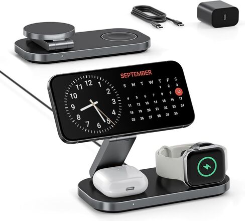 Keepro 3-in-1 Charging Station for Apple Device, Foldable Magnetic Wireless Fast Charger Stand Compatible with MagSafe for iPhone 17e/17/16/15/14/13/12/Air Series, Apple Watch & AirPods-Black in Kuwait