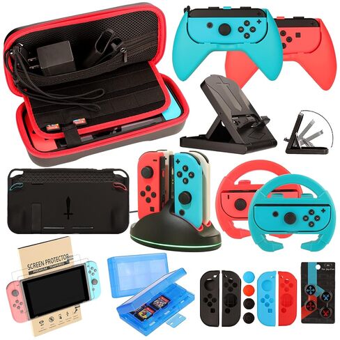 EOVOLA Accessories Kit for Nintendo Switch / Switch OLED Model Games Bundle Wheel Grip Caps Carrying Case Screen Protector Controller in Kuwait