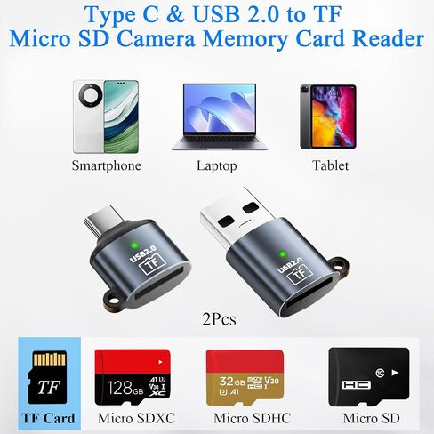 QIANRENON Micro SD Card Reader USB C + USB to Micro SD Adapter Type C & USB2.0 to TF Camera Memory Card Reader, 480Mbps, Keychain/Al Casing/LED Light, for Phone PC Laptop Tablet, 2Pcs in Kuwait
