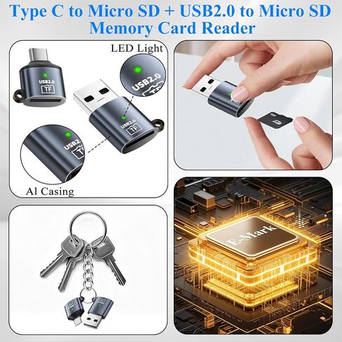 QIANRENON Micro SD Card Reader USB C + USB to Micro SD Adapter Type C & USB2.0 to TF Camera Memory Card Reader, 480Mbps, Keychain/Al Casing/LED Light, for Phone PC Laptop Tablet, 2Pcs in Kuwait