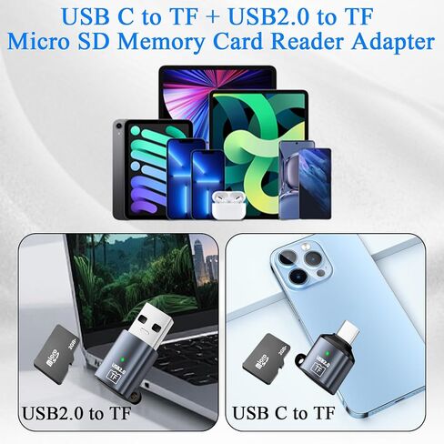 QIANRENON Micro SD Card Reader USB C + USB to Micro SD Adapter Type C & USB2.0 to TF Camera Memory Card Reader, 480Mbps, Keychain/Al Casing/LED Light, for Phone PC Laptop Tablet, 2Pcs in Kuwait