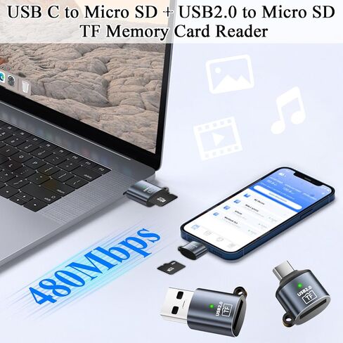 QIANRENON Micro SD Card Reader USB C + USB to Micro SD Adapter Type C & USB2.0 to TF Camera Memory Card Reader, 480Mbps, Keychain/Al Casing/LED Light, for Phone PC Laptop Tablet, 2Pcs in Kuwait