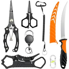 Fishing Gear, 7pc Fishing Tool Set, Fishing Accessories, Corrosion Resistant Fishing Pliers with Lanyard, Fillet Knife, Lip Gripper, Scissors, Retractor, S-Carabiner, Fishing Gifts for Men in Kuwait