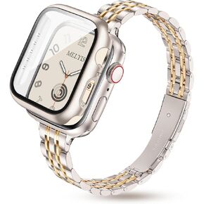 Melyis Slim Metal Band with Case Fits Apple Watch Bands for Women 40mm, Thin Stainless Steel iWatch Bands for Women, Dressy Band for Apple Watch with Screen Protector Series SE 6 5 4, Gold in Kuwait