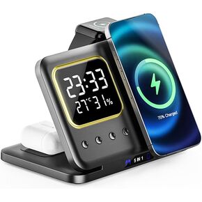 IHAO 6in1 Wireless Charging Station with Bluetooth Speaker Time&Temperature Display Alarm Clock 7-Color LED Night Lights Fast Charger for Phone, Apple Watch, Earbuds Remote Control Auto Shutoff-Black in Kuwait