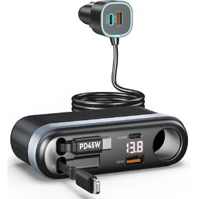 Estbuc 7-in-1 295W Retractable Car Charger Adapter, Fast Charging USB C Car Accessories with Cigarette Lighter Splitter, 45W Type-C & 30W Lightning Cables,4 USB Ports, Road Trip Tech Gifts for Men/Dad in Saudi Arabia