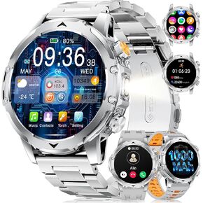 FITFLEX Military Smart Watches for Men with Answer/Make Call, 1.53“ HD Smart Watch with 1000 mAh Battery/LED Torch/120+Sports/Waterproof IP68, Watch for Men Compatible with Android/iOS(Silver) in Kuwait