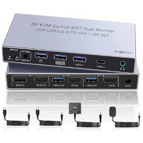 Dual Monitor Displayport KVM Switch 2 Monitors 2 Computers 4K 60Hz HDMI+DP 4 USB3.0 KVM Switcher 2DP in HDMI+DisplayPort Output KVM Switcher for 2 PC Sharing Keyboard Mouse Mic and Audio Output (Gray) in Saudi Arabia