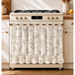 Farmhouse Oven Curtain with Tie Top, Taupe Floral Oven Skirt in Kuwait