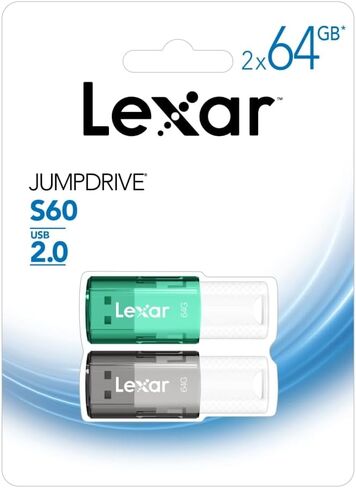 Lexar® JumpDrive® S60 USB 2.0 Flash Drives, 64GB, Black/Teal, Pack of 2 Flash Drives, LJDS60-64GB2NNU in Kuwait