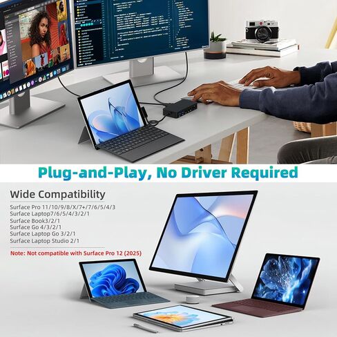 New Surface Docking Station, 12-in-1 Surface Dock 4K@60Hz Triple Display with HDMI, USB-C, DisplayPort for Surface Pro 11/10/9/8/X/7/6/5/4/3, Surface Laptop 7/6/5/4/3/2/1, Surface Book & Go in Kuwait