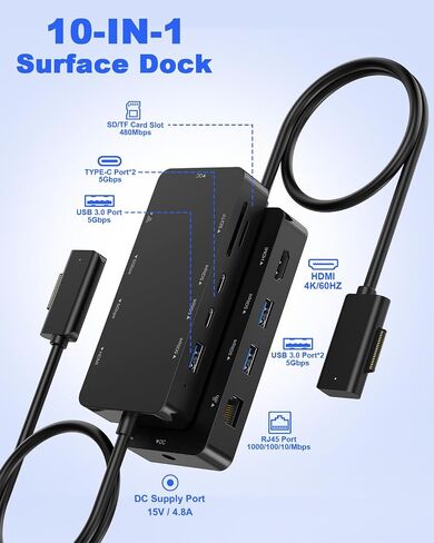 10-in-1 Surface Docking Station for Surface Pro & Laptop, 4K@60Hz HDMI, USB-C & USB 3.0 Ports, SD/TF Card Reader, Gigabit Ethernet, PD Charging, Magnetic Surface Connect in Kuwait