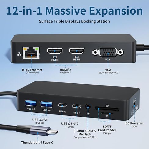Surface Thunderbolt 4 Docking Station, 12-in-1 Surface Pro Dock with Dual 4K@60Hz HDMI & VGA, Triple Monitor Display Adapter for Microsoft Surface Pro 12/11/10/9/8/7/X, Laptop 7/6/5, Go, Book in Kuwait