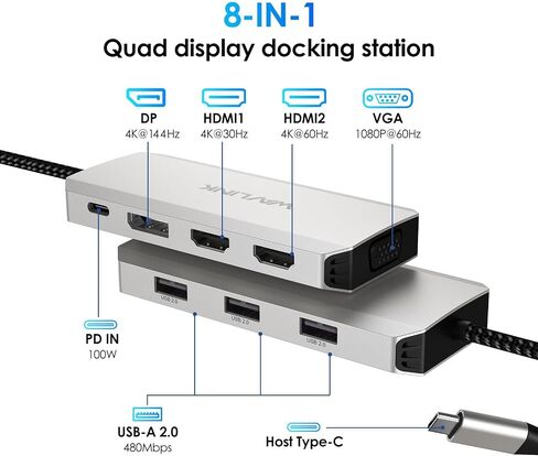 WAVLINK Laptop Docking Station, Quad Monitors, Dual HDMI, DisplayPort, VGA in Kuwait