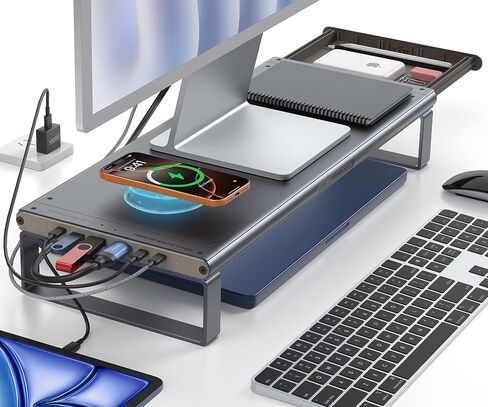 YICOSUN Monitor Stand HUB - Aluminum Riser with 6-in-1 Docking Station: 4K HDMI, USB-C, USB 3.0, PD 100W, Wireless Charging, Drawer Organizer - Gray in Kuwait