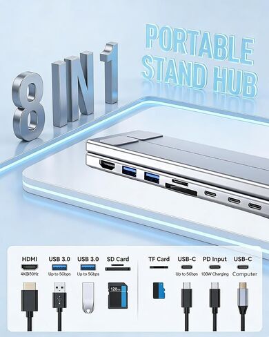 USB C Laptop Stand with Docking Station,8 in 1 Hub Laptop Stand Foldable Computer Riser with 4K HDMIPD 100W Dual Data Ports Multiport Adapter for Notebook Tablet,Portable Height Adjustable Holder in Kuwait