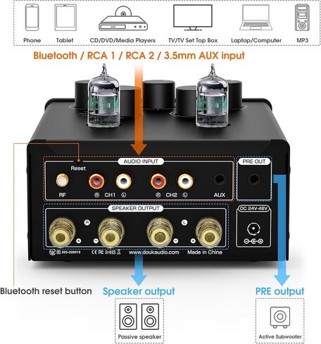 Douk Audio Bluetooth Tube Amp: 300W x2 TPA3255 2 Channel Stereo Power Amplifier – Dual VU Meters & Super Bass – for Home Theater & Hi-Fi Systems (T6 PRO Yellow Version) in Kuwait