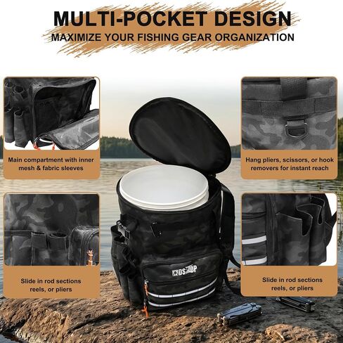 MDSTOP Fishing Bucket Backpack for 5 Gallon Bucket with Seat, Fishing Tackle Bag with Adjustable Buckle, Rod & Plier Holder and Multi-Pockets for Storage in Kuwait